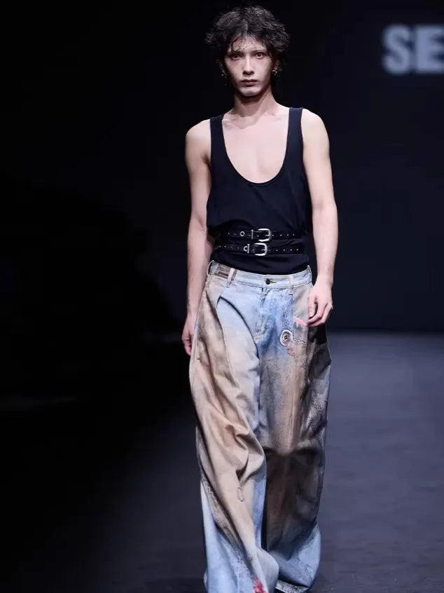 3D Ocean Print Oversized Denim Pants