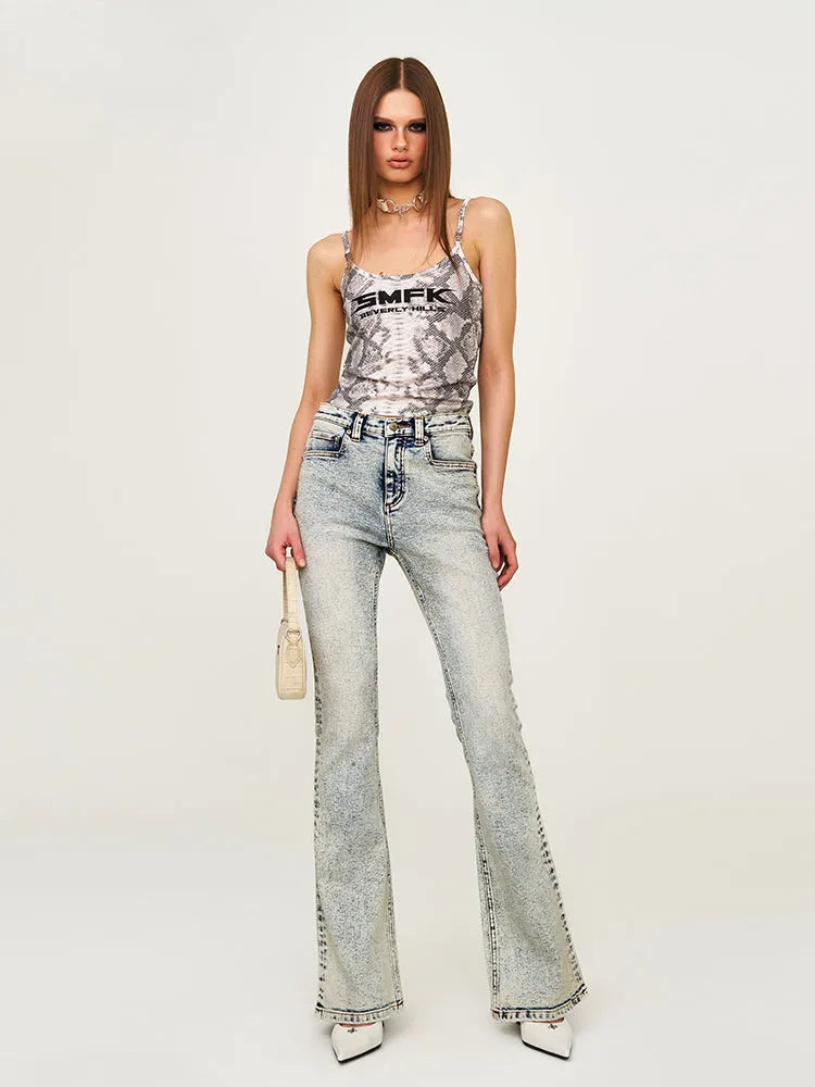 Retro Washed Elastic Flared Mid-Waist Long Pants