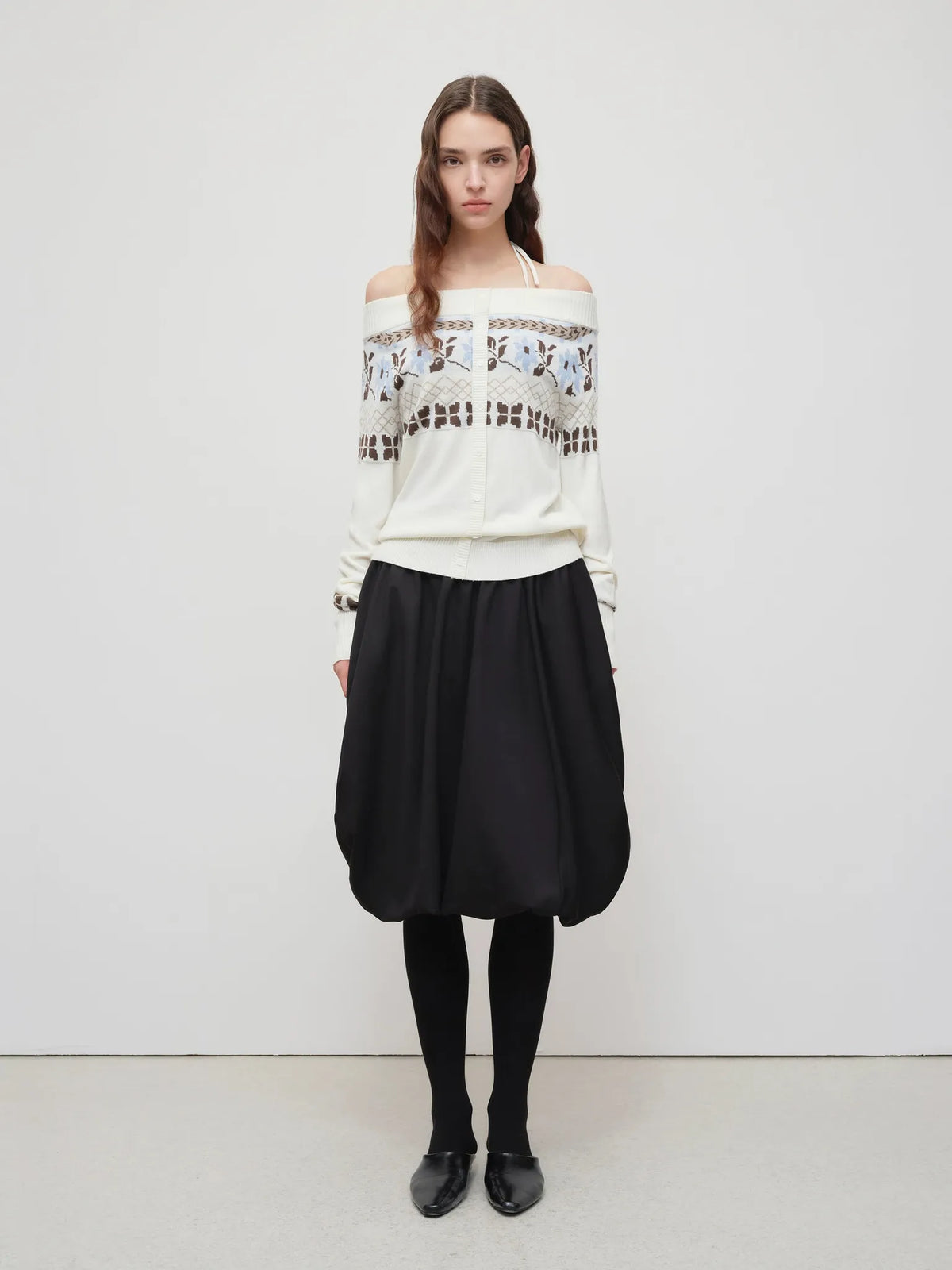Air Isle Off-Shoulder Wool Knit Sweater