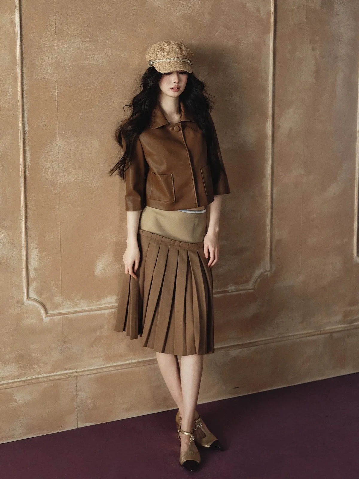 A-Line Skirt & Cropped Sleeve PU Jacket Set