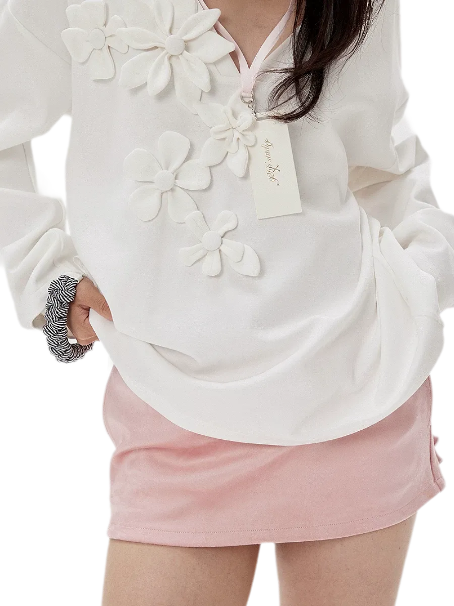 Handmade Flower Appliqué V-Neck Sweatshirt