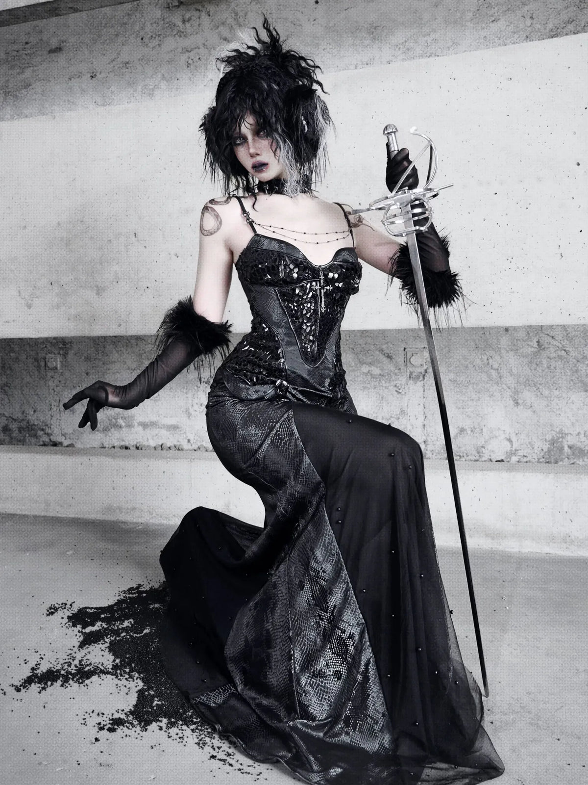 Snake-Pattern Fishtail Gothic Dress