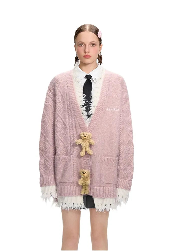 3D Plush Button Layered Knit Cardigan