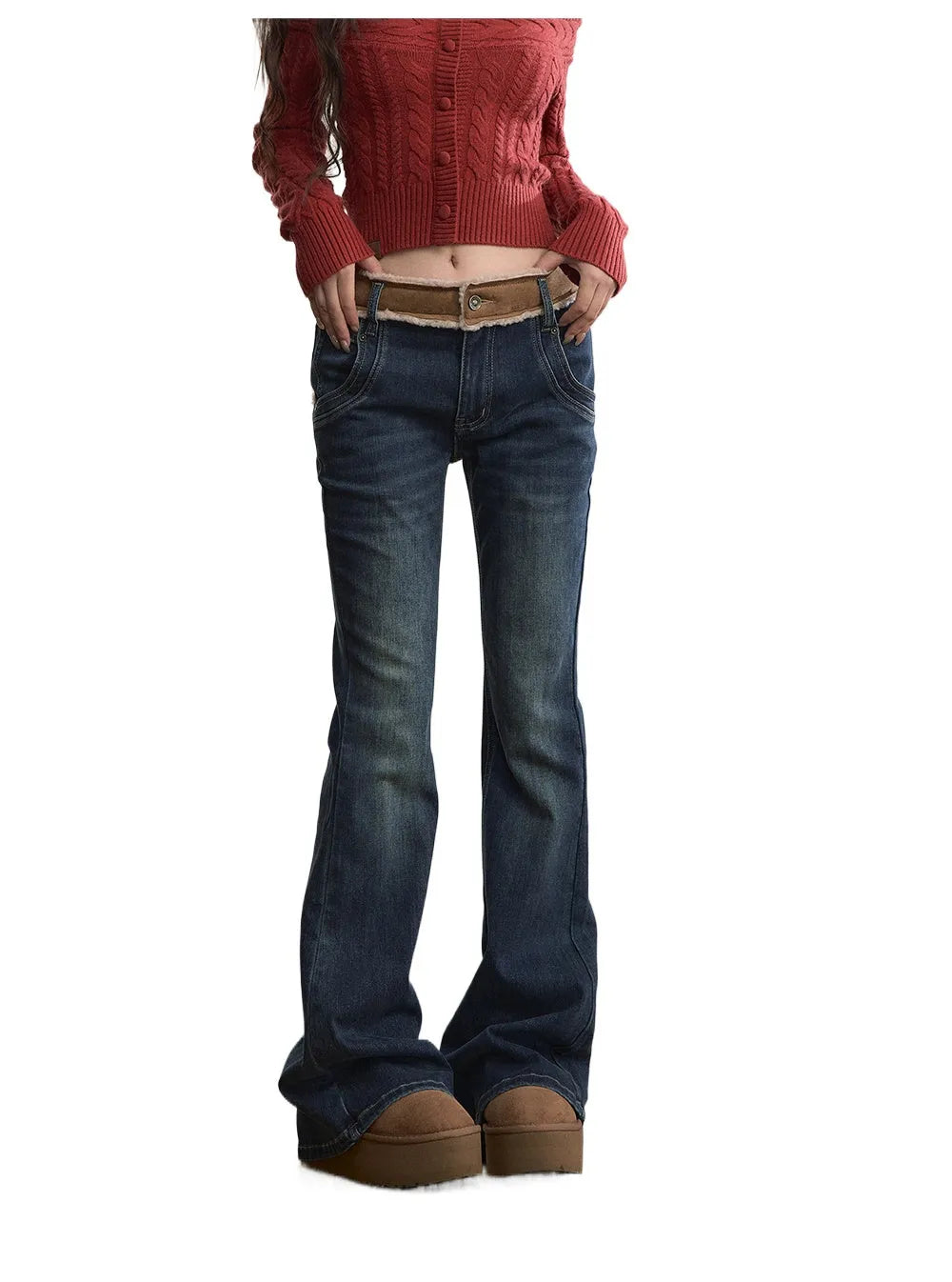 Contrast Panel Faux Fur Waist  Flare Jeans