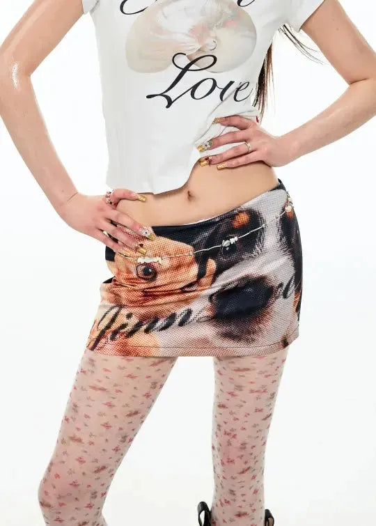 Big Nose Dog & Lap Cat Satin Printed Mini Skirt