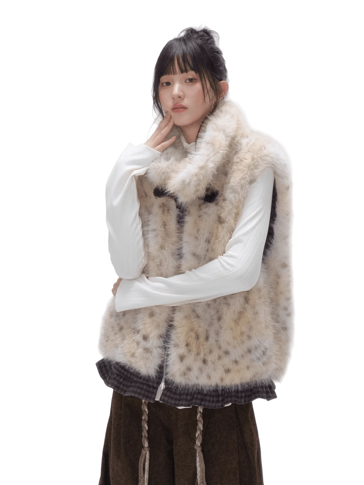 Faux Fur Leopard-Panel Lace-Trim Vest