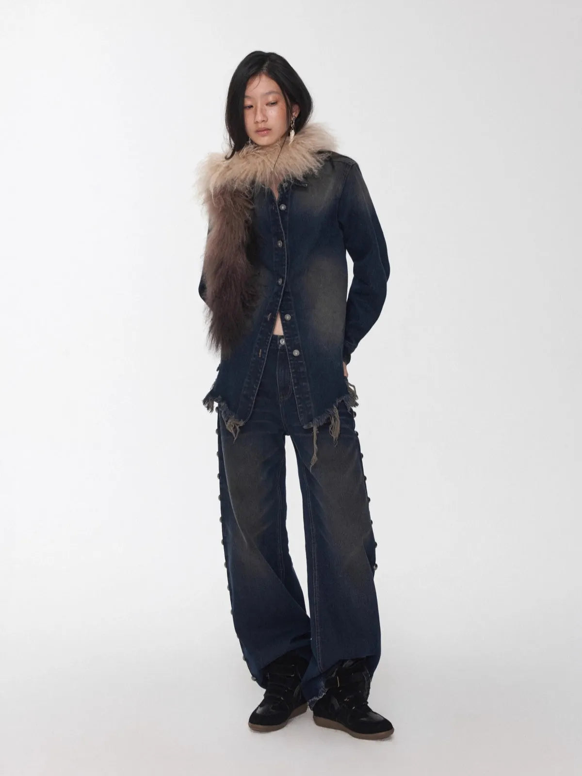 Vintage Washed Frayed Denim Fitted Shirt
