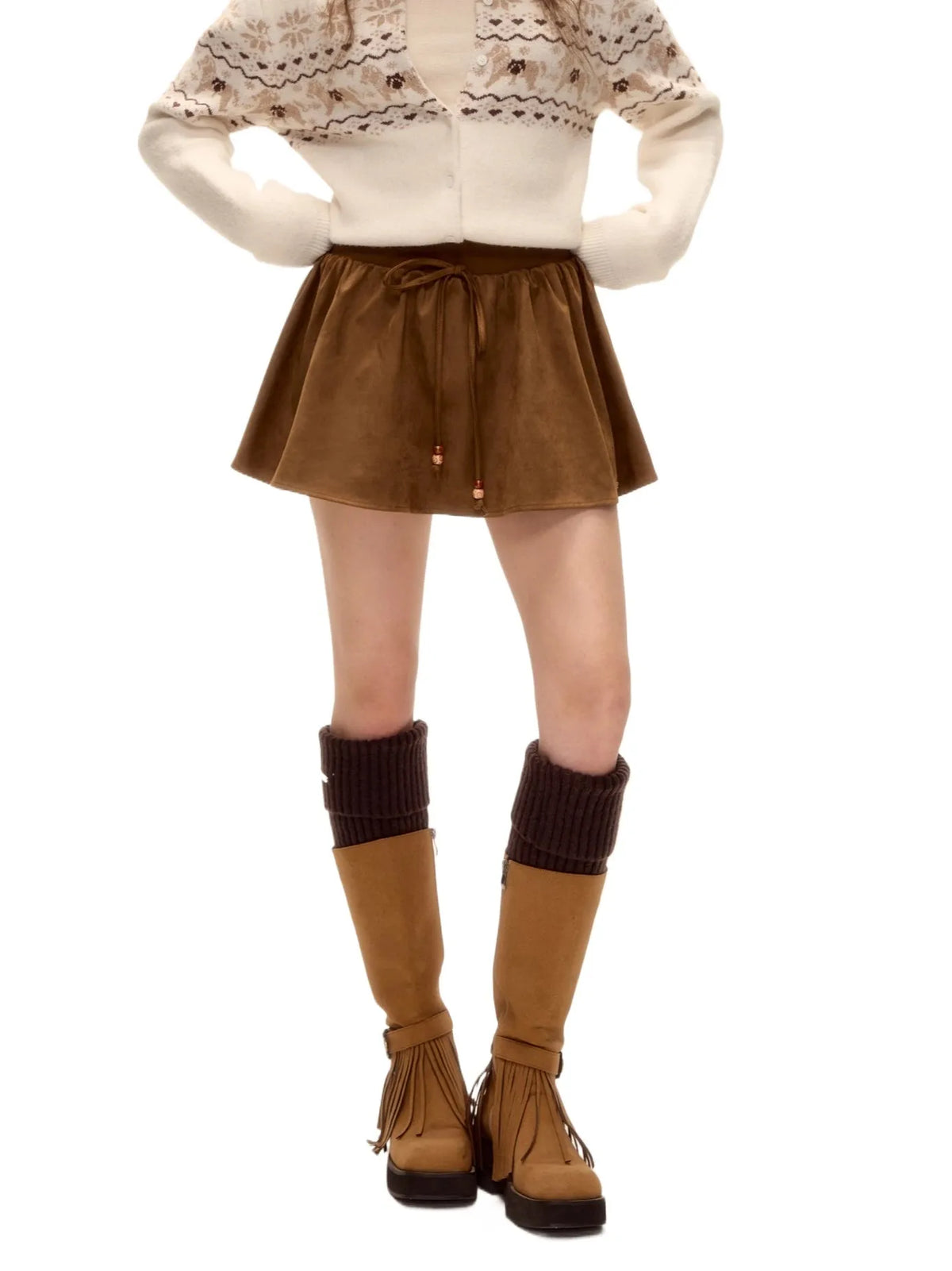 Beaded Suede Puff Mini Skirt