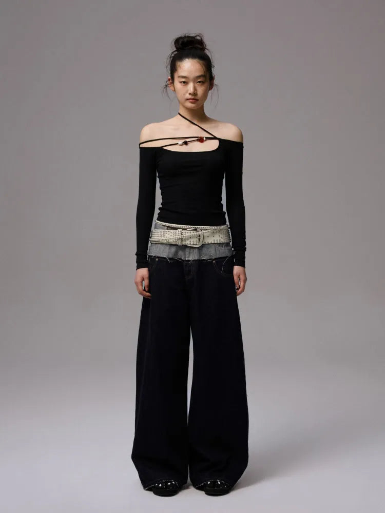 Double Waistband Raw Denim Wide-Leg Jeans