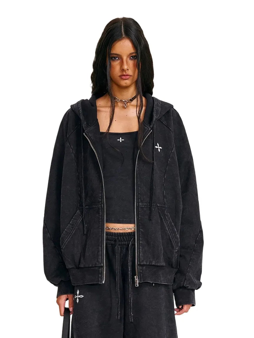 Washed Wide-Fit Zip-up Hoodie