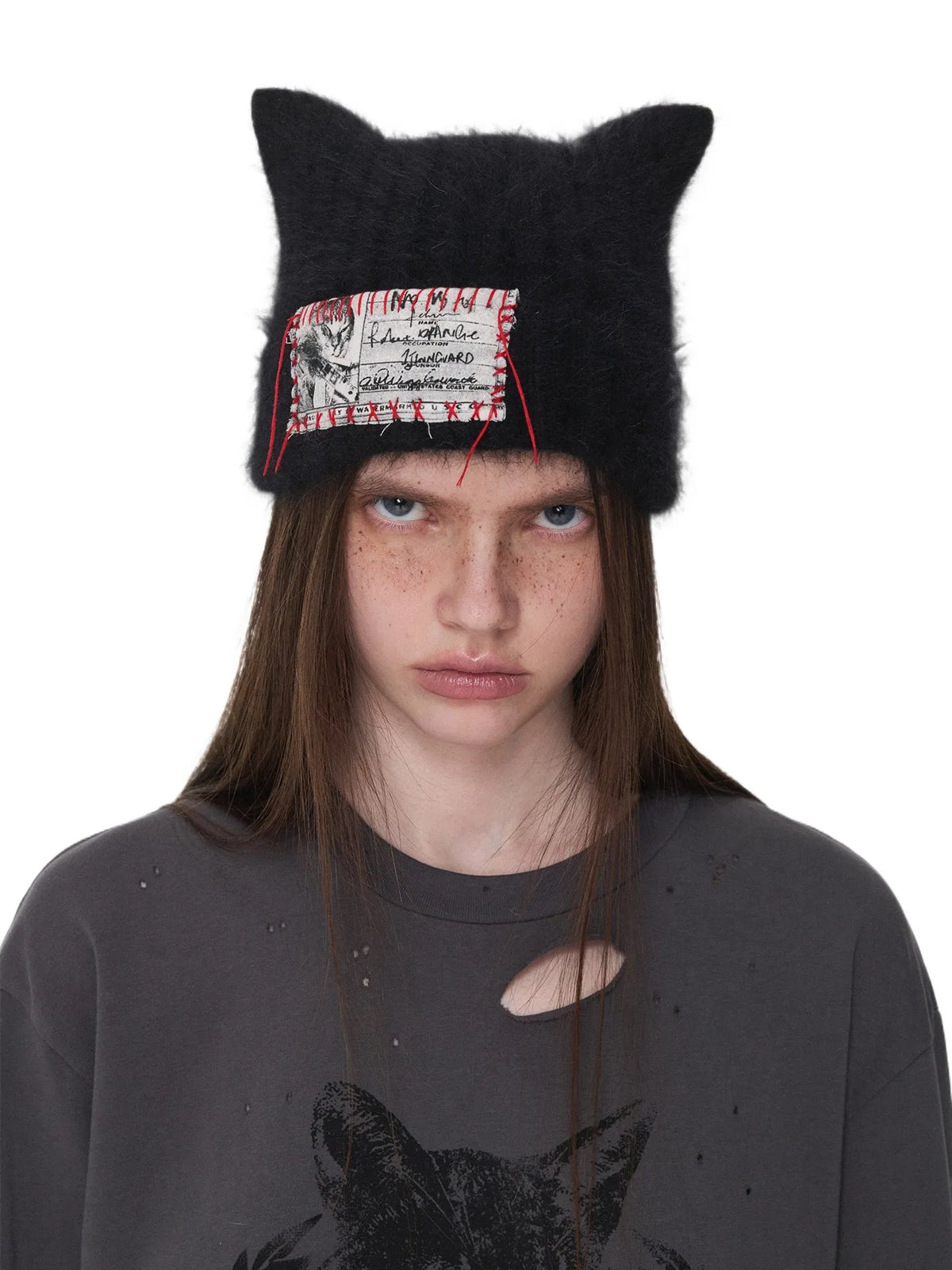 Hand-Stitched Cat-Ear Angora Knit Beanie