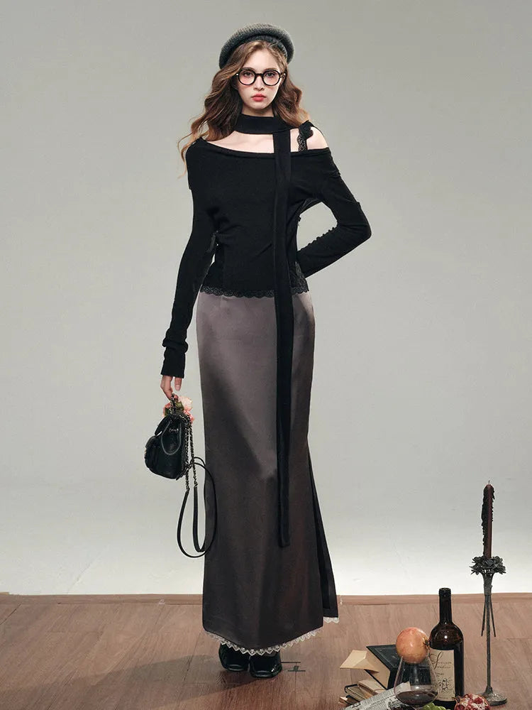 Lace Satin Midi Skirt
