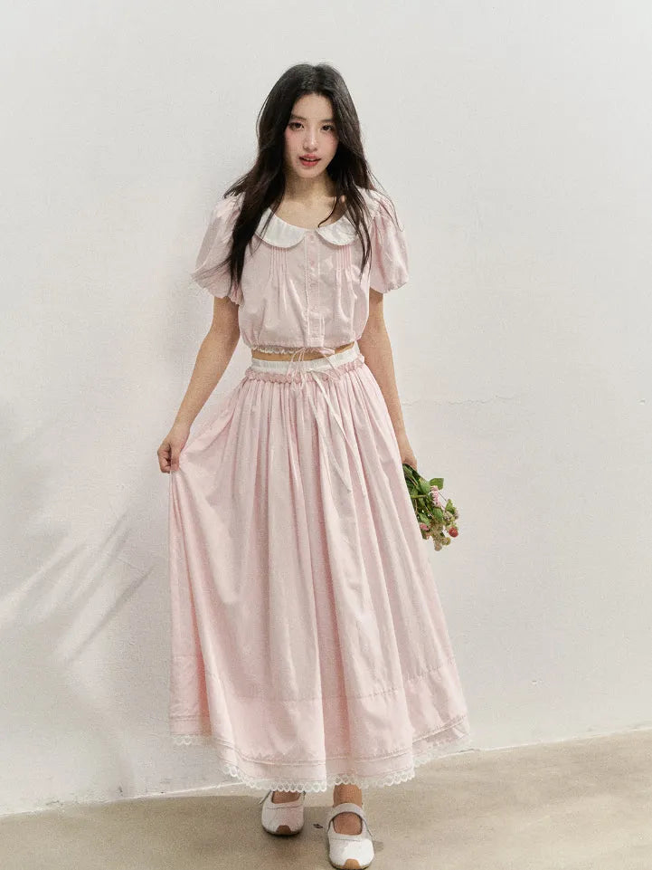 Pink Doll Collar Cropped Shirt & Skirt Set