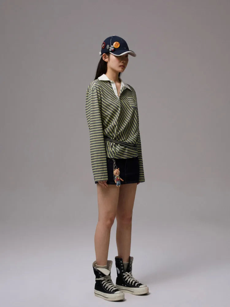 Vintage Color-Block Striped Polo Shirt