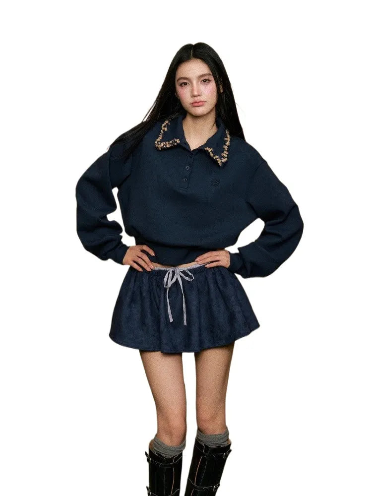 Knit Striped Collar Polo Sweatshirt & Skirt Set