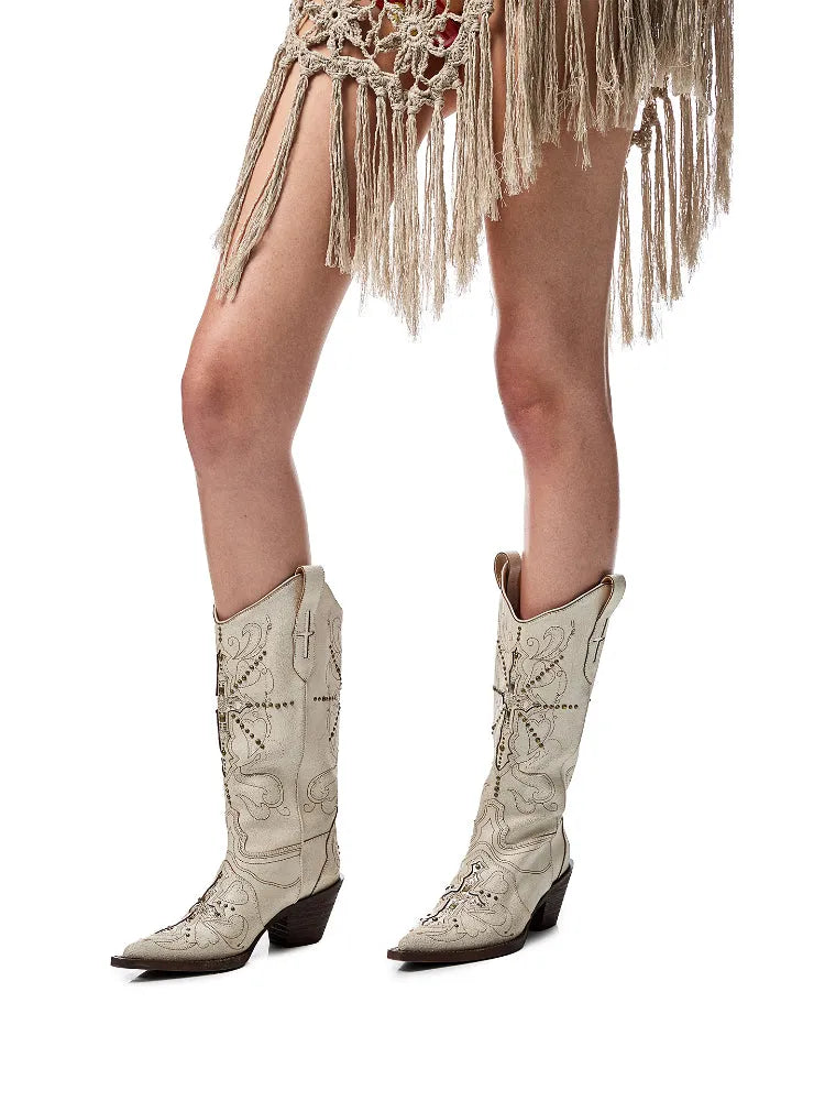 V-Mouth Pointed-Toe Leather Embroidered Denim Boots