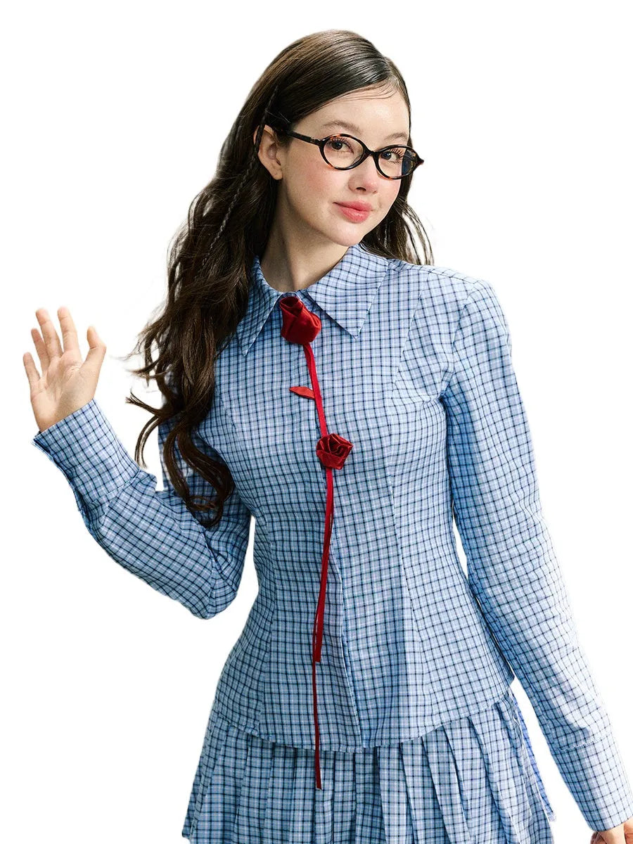 Red Rose & Navy Blue Rose Checkered Shirt