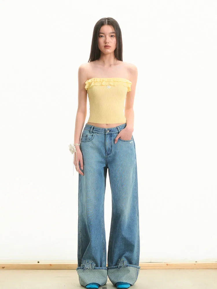 Transparent Rhinestone Straight-Leg Jeans