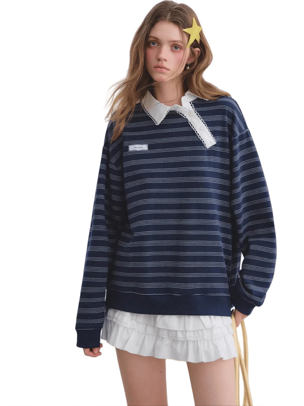Placket Ruffle Collar Striped Sweatshirt