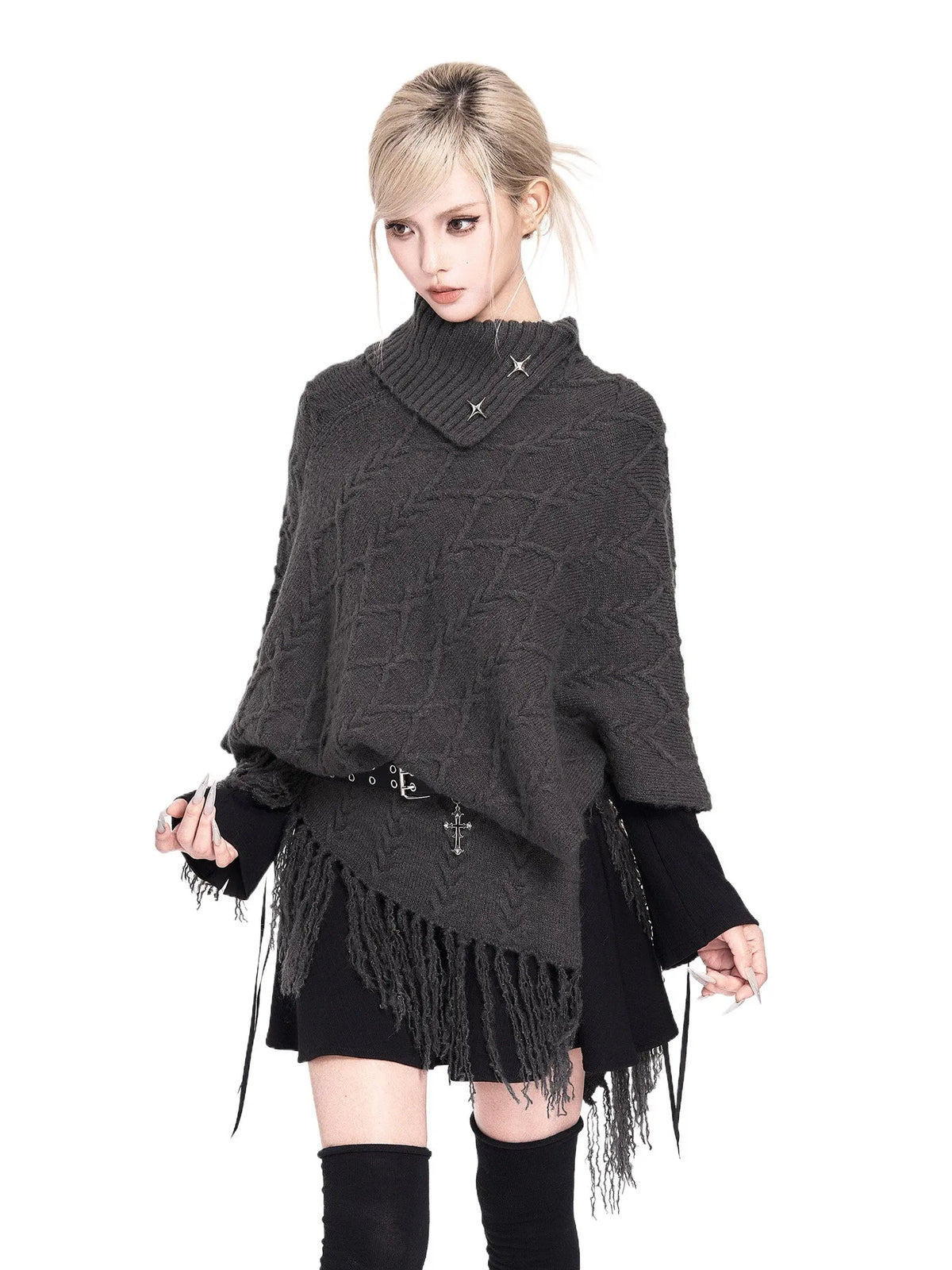 Asymmetric Turtleneck Knit Cape