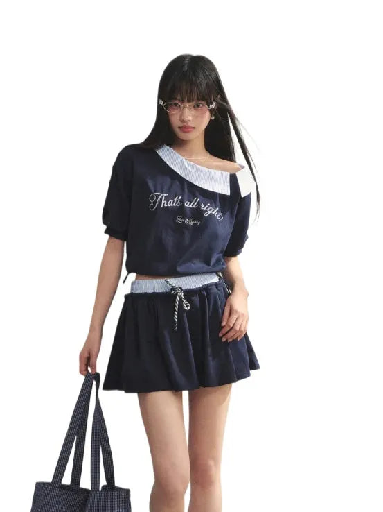 Grey Asymmetric Shoulder Striped Patchwork Short-Sleeve & Skirt Set