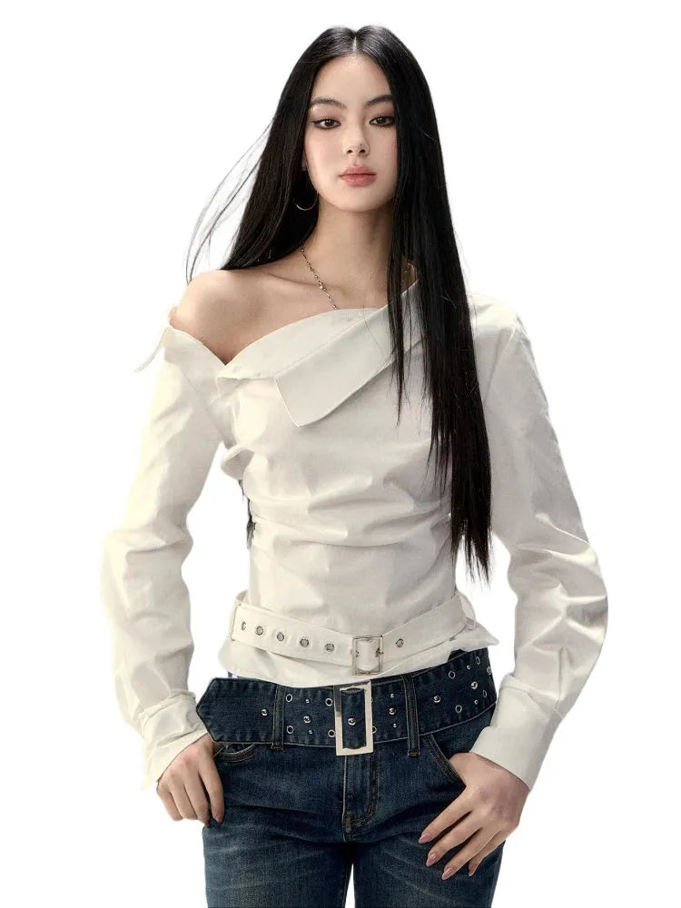 Off-Shoulder Pleated Waist Belt Short Shirt