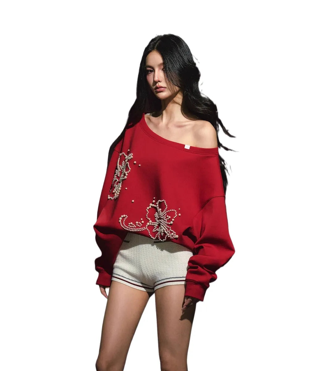 Beaded Off-shoulder Silhouette Sweatshirt