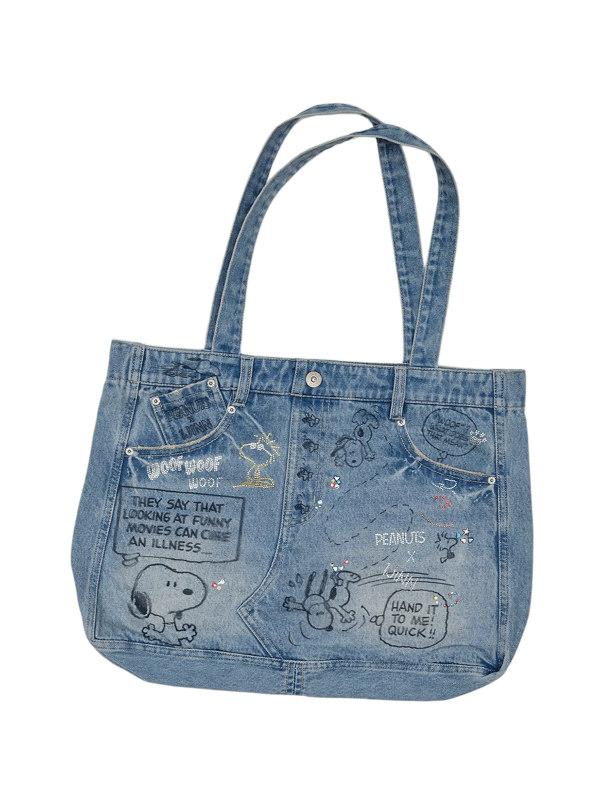 Snoopy Graffiti Crystal-Embellished Denim Tote Bag