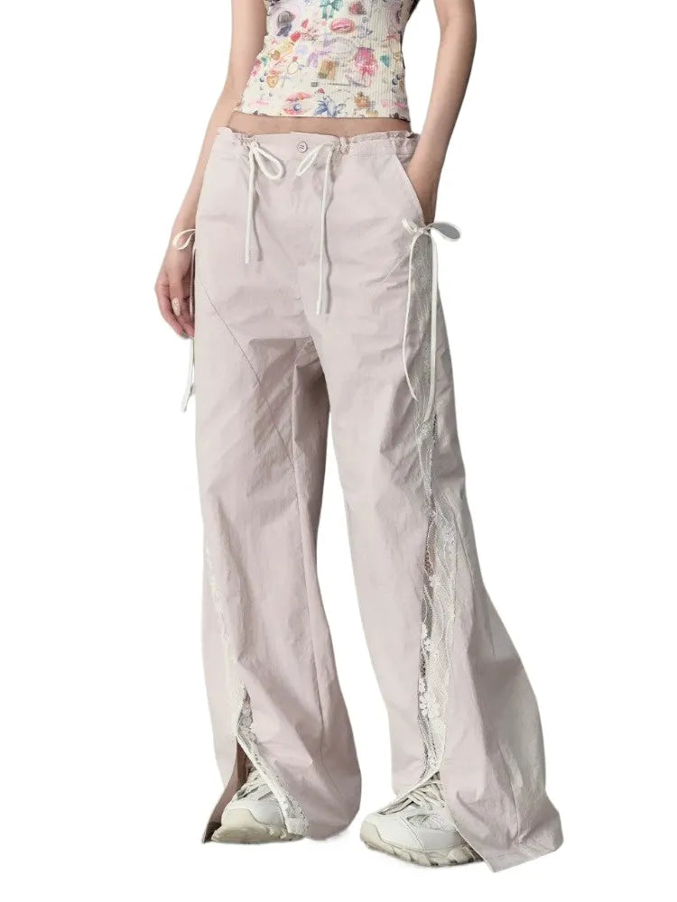 Pink Lace Patchwork Casual Cargo Pants
