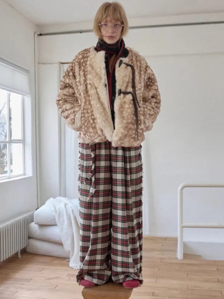 Vintage Red Plaid Brushed Cotton Wide-Leg Pants