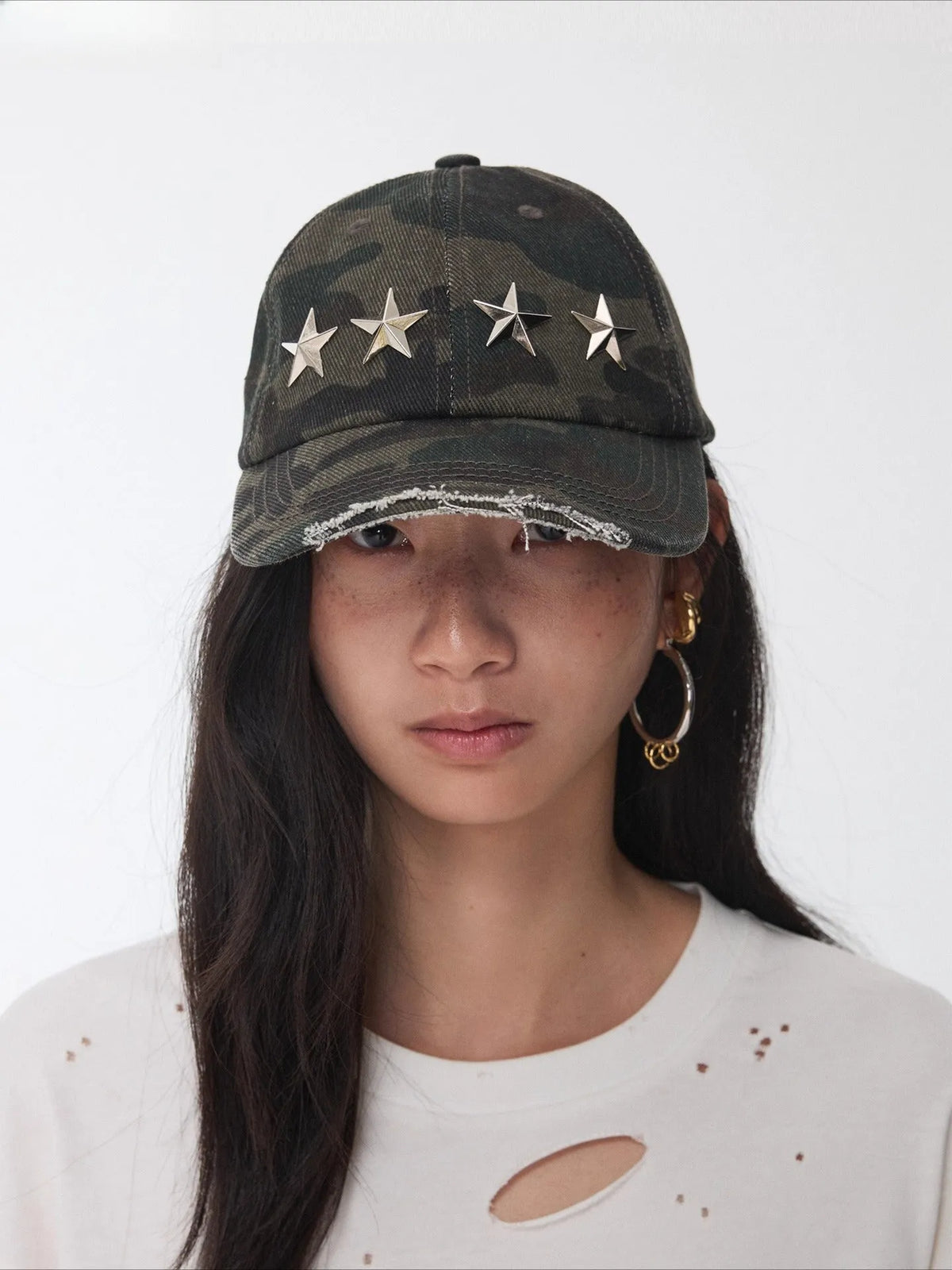 Distressed Star-Studded Camouflage Baseball Cap
