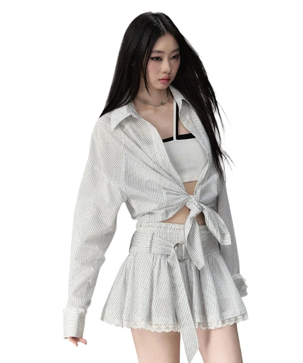 Shiny Rhinestone Striped Lace Patchwork Shirt & Skirt
