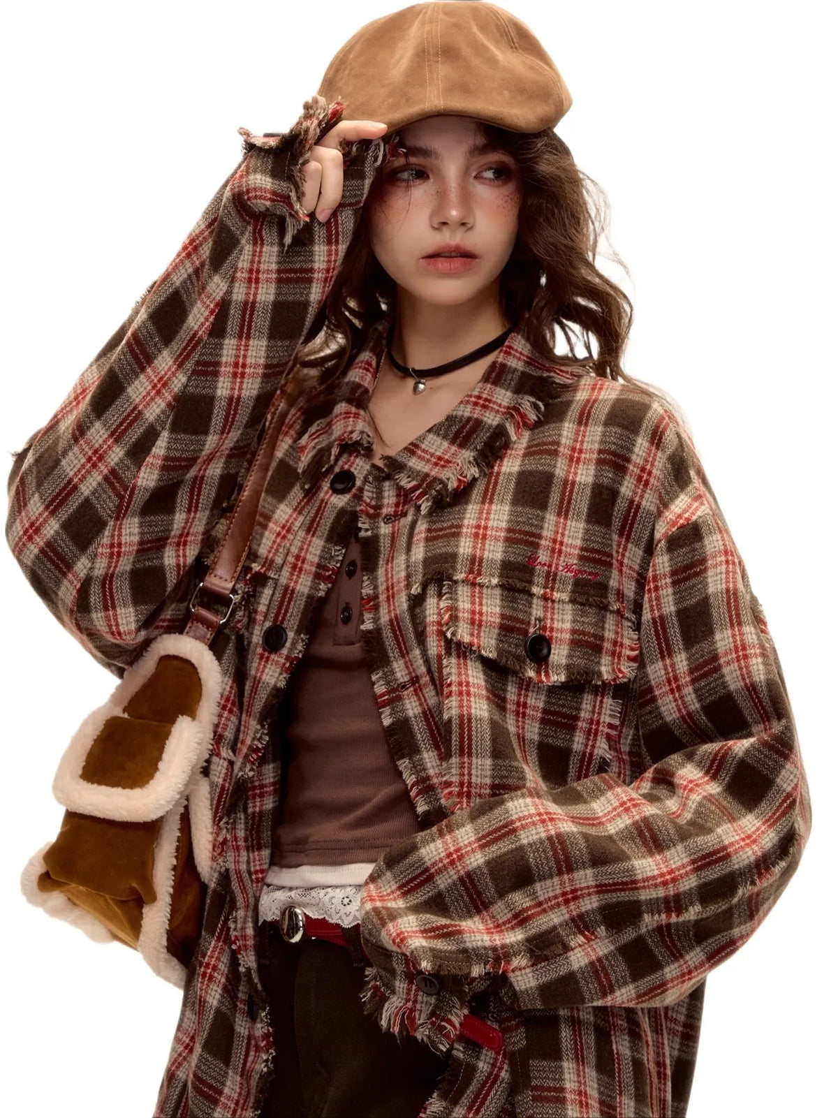 Wool Blend Checkered Contrast Fringe Shirt