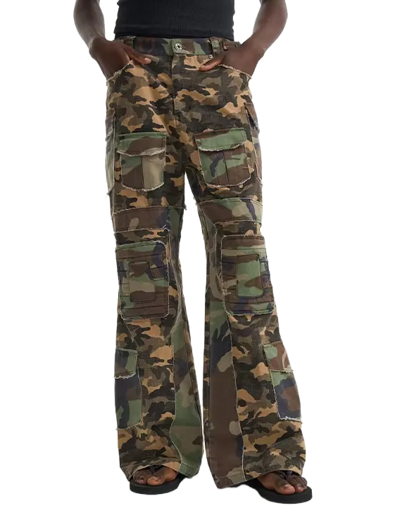Washed Raw-Edge Patchwork Camouflage Flared Cargo Pants