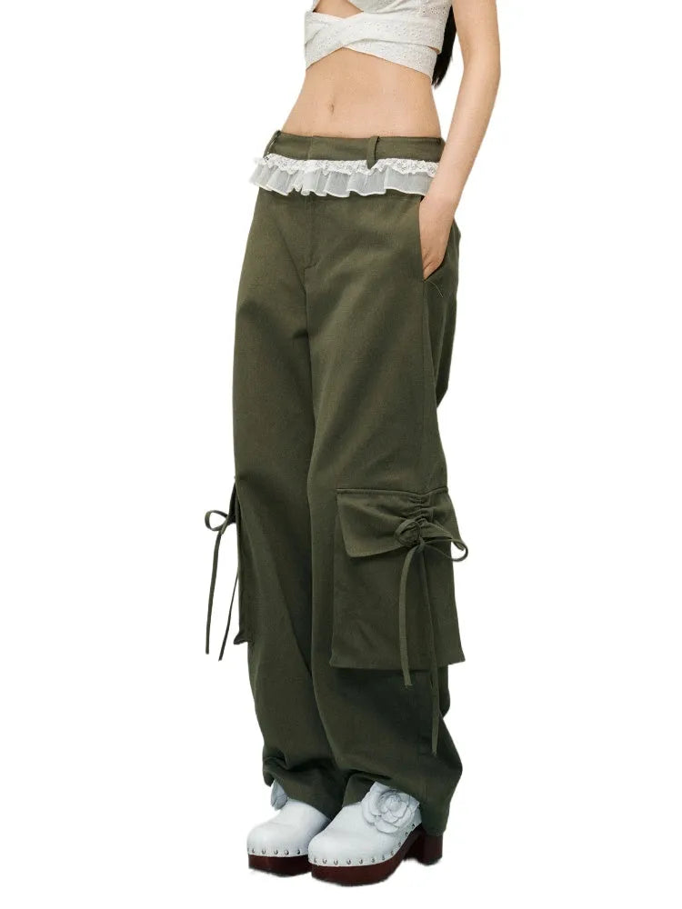 Color Block Large Pocket Lace Work Pants