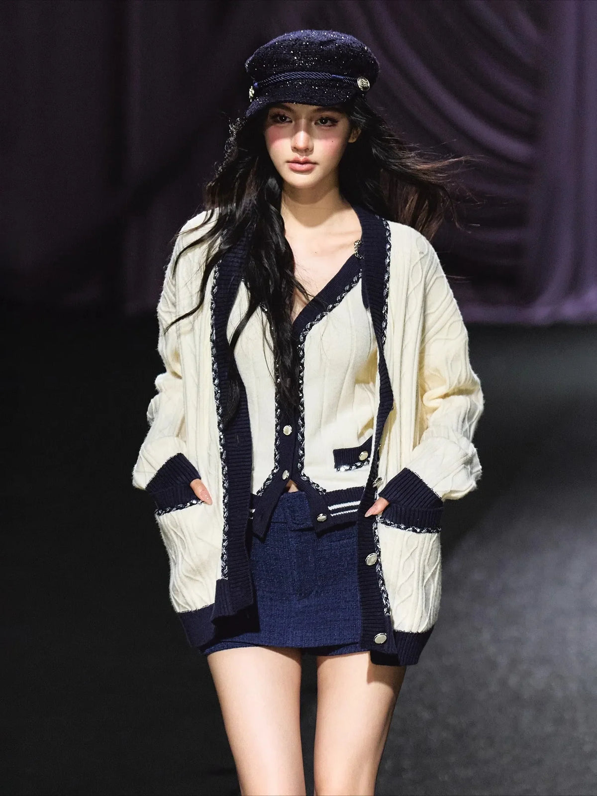 Contrast-Trim Knit Cardigan & Vest Set