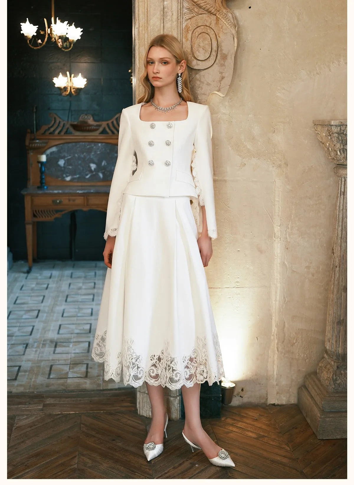 Mirage Vintage Lace-Collar Blazer & Flared Skirt Set