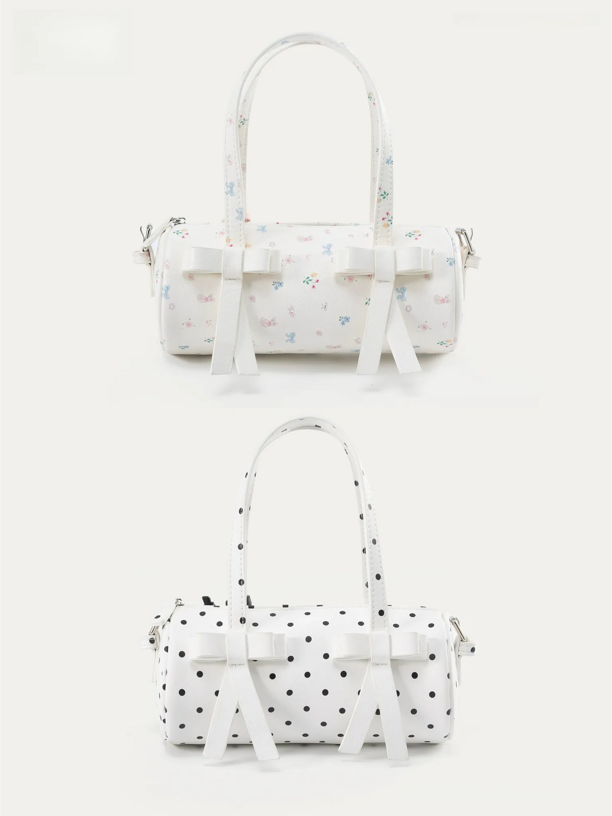 Bow-Accent Polka Dot & Floral Barrel Bag