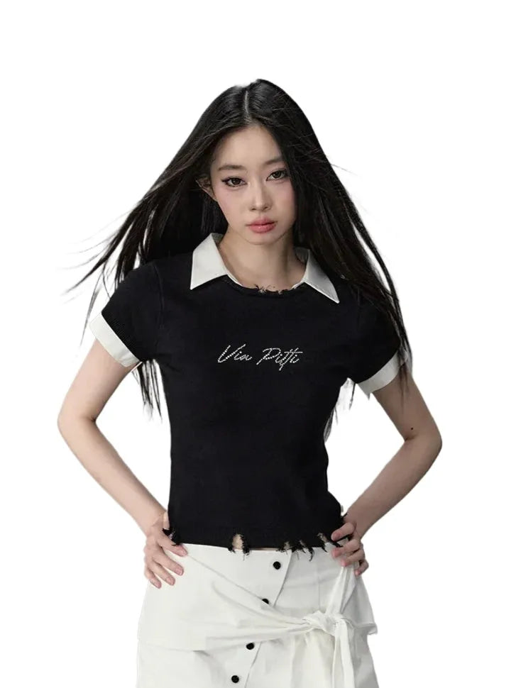 Deep Blue & Black Mock Two-piece Knit Sweater with Patchwork Short Sleeves