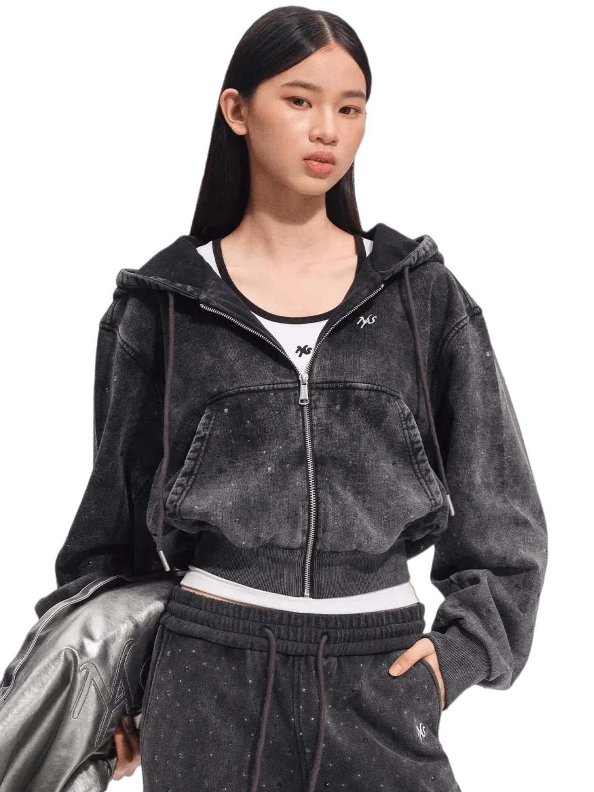 Embellished Washed Cotton Cropped Hoodie