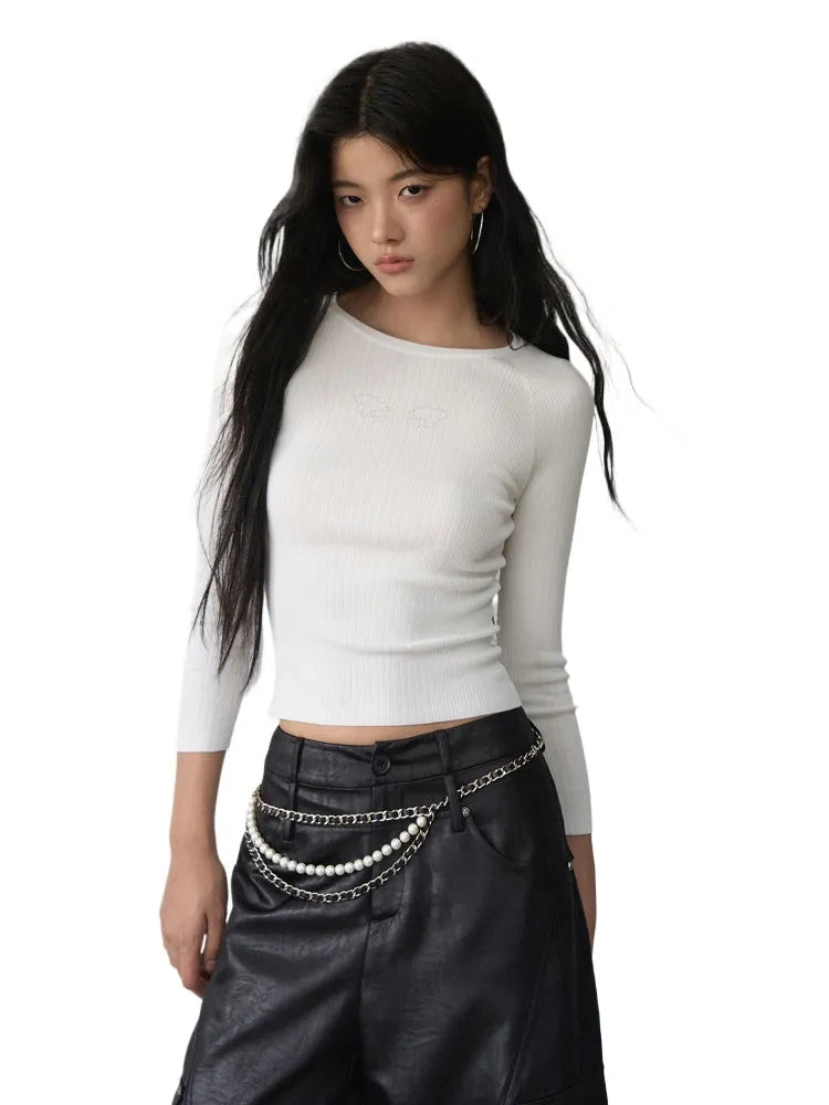 Rhinestone Heart Wings Slim Long-sleeved T-shirt