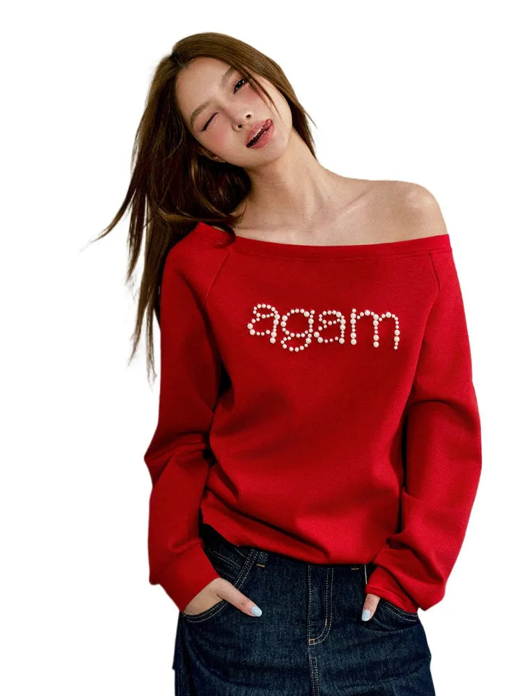 Red & Gray Pearl-studded Off-shoulder Sweatshirt