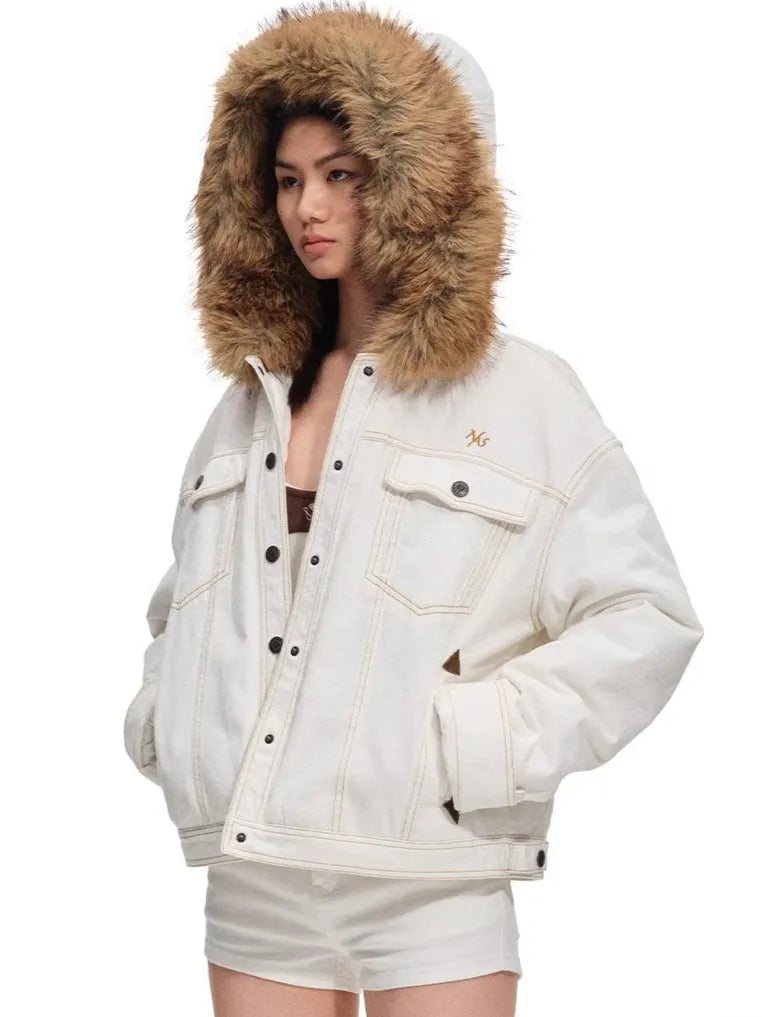 Polar Cotton Eco Fox Fur Collar Denim Jacket