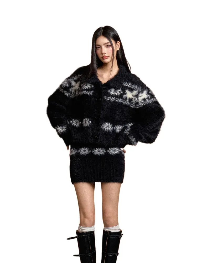 Fair Isle Faux Collar Knitted Cardigan & Dress Set