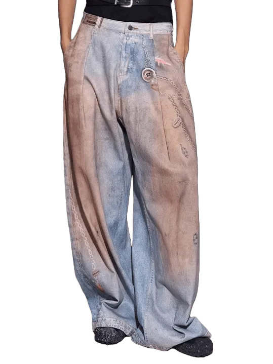 3D Ocean Print Oversized Denim Pants