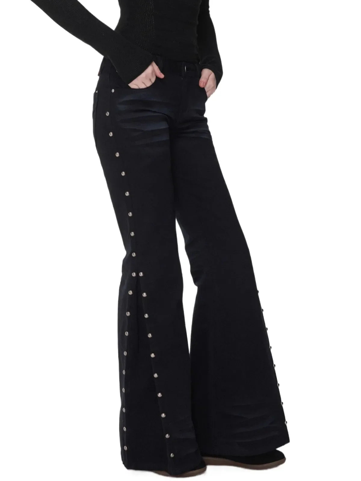 Studded Cat-Whisker Flared Denim Pants