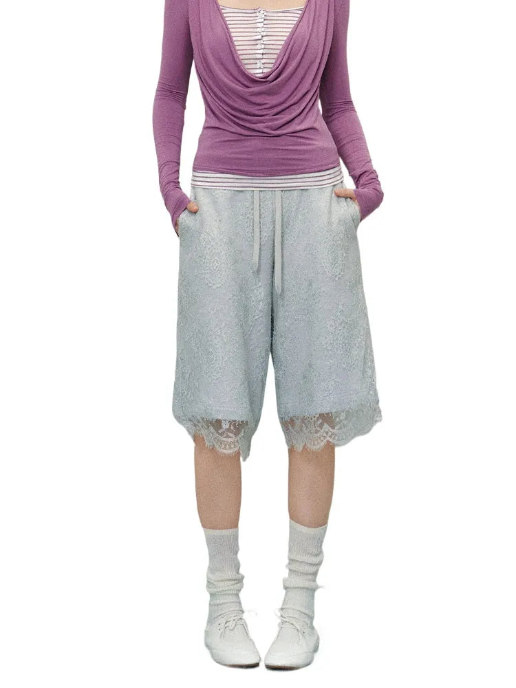 Lace-Trim Wide-Legged Shorts