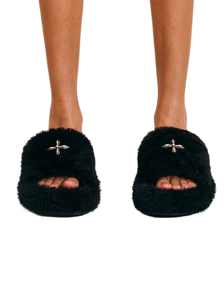 Cross Emblem Shearling Slide Sandals