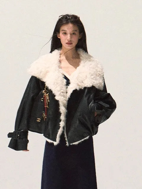 Shearling-Style  Leather Jacket Black