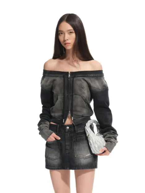 Washed Slim-Fit One-Shoulder Zip-up Sweatshirt